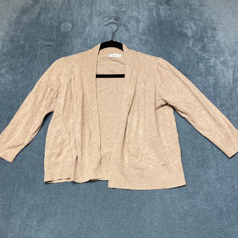Cielo Cropped Cardigan Sweater Womens M Beige Ribbed Trim Open Front Long Sleeve